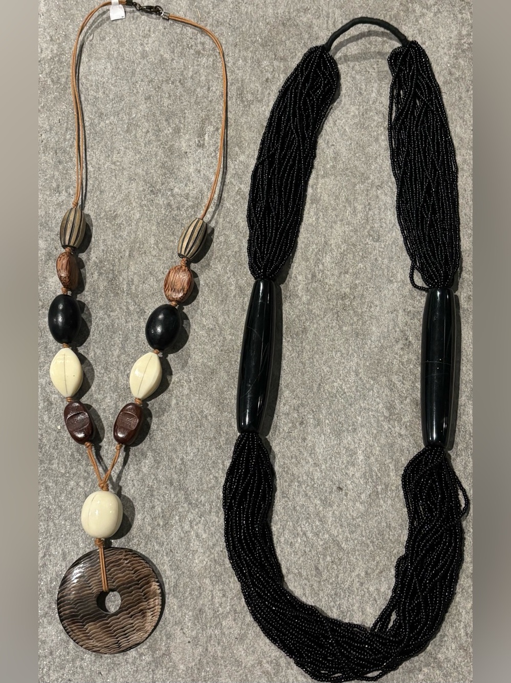 2 Pcs Vintage 1990s Ethnic Black Brown MultiStrand Beaded Necklace Natural
